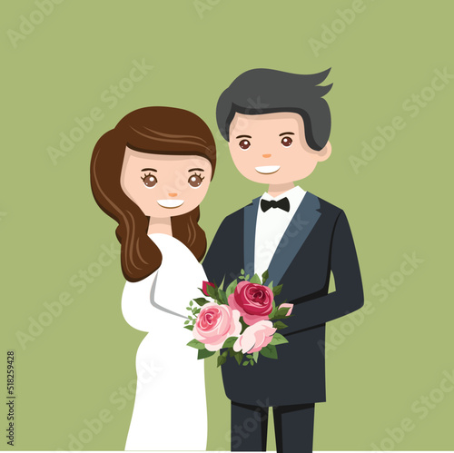 Vector illustration of beautiful wedding couple, bride and groom in standing position