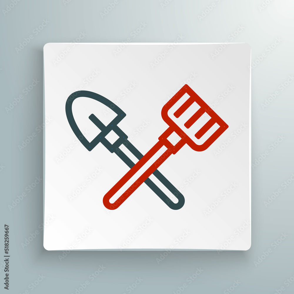 Line Shovel and rake icon isolated on white background. Tool for horticulture, agriculture, gardening, farming. Ground cultivator. Colorful outline concept. Vector Line Shovel and rake icon isolated on white background. Tool for horticulture, agriculture, gardening, farming. Ground cultivator. Colorful outline concept. Vector