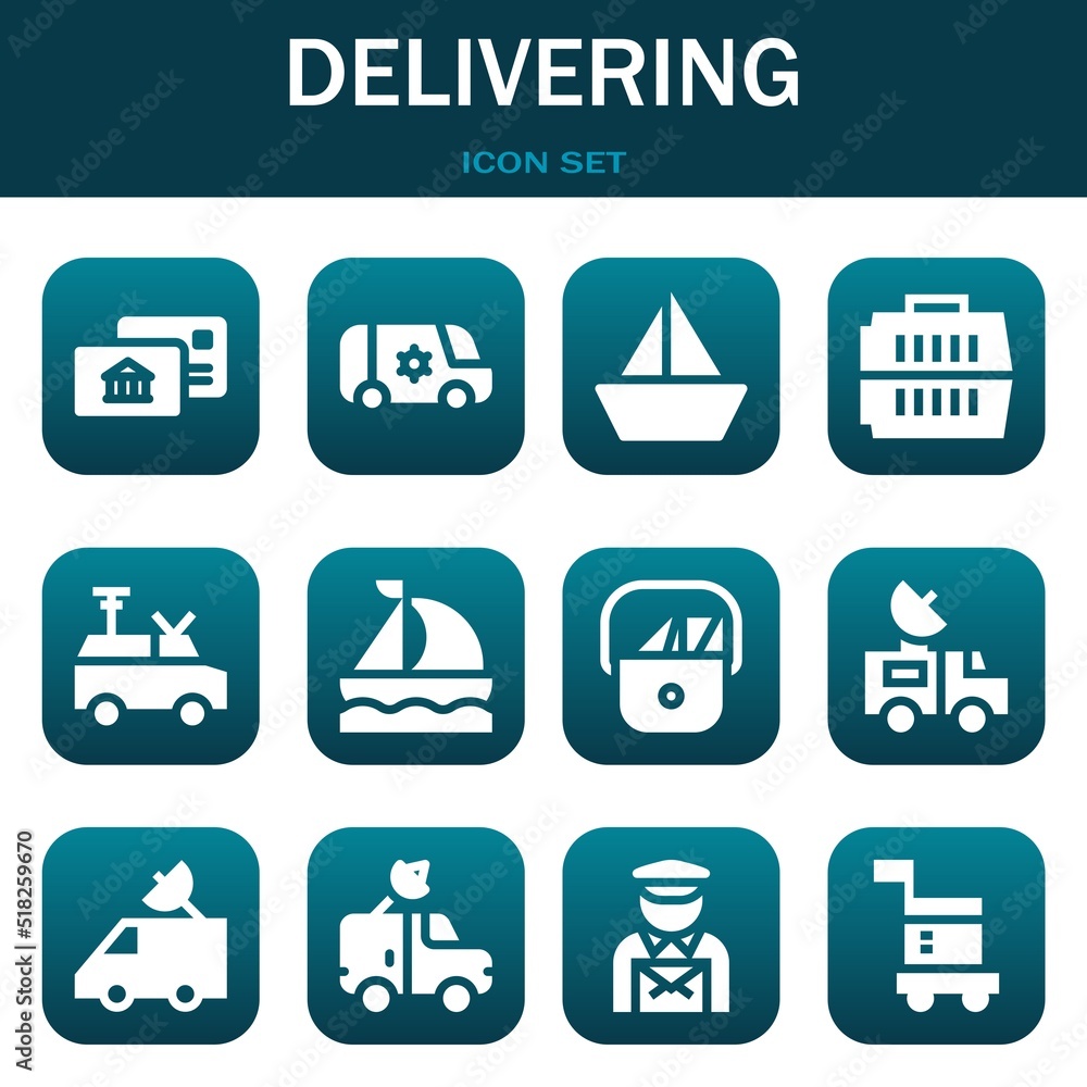 delivering icon set. Vector illustrations related with Postal, Van and Sailboat delivering icon set. Vector illustrations related with Postal, Van and Sailboat