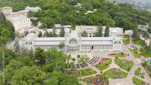 flight over the historical part of Pyatigorsk on a summer day, resort town in Stavropol region, Russia.