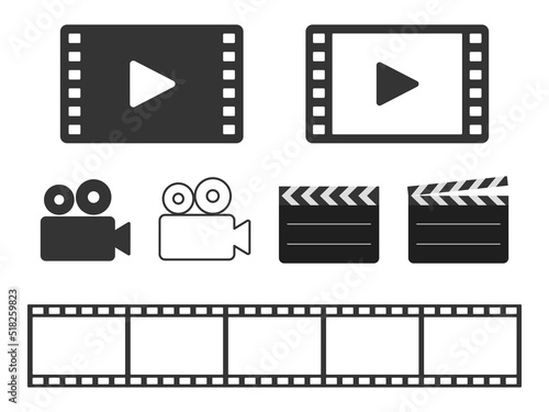 映写機とムービーフィルムの映像再生アイコンイラストセット