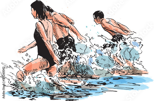 Colored hand sketch of young people in the water. Vector illustration.