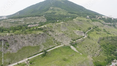 flight over the historical part of Pyatigorsk on a summer day, resort town in Stavropol region, Russia.