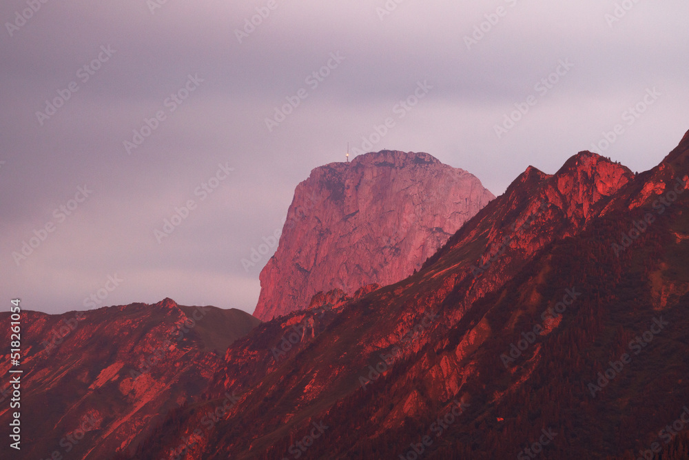peak of Stockhorn in red sunset light