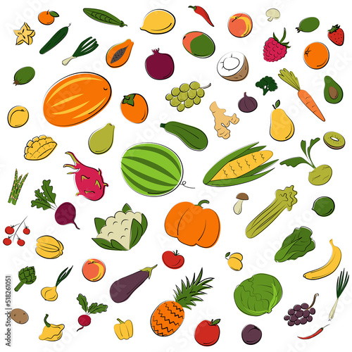 Fruits and vegetable set. Vector flat illustration. Vegetarian concept