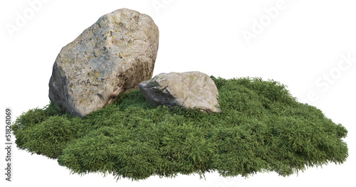 Decorative stones on the mounds of grass on a white background.
