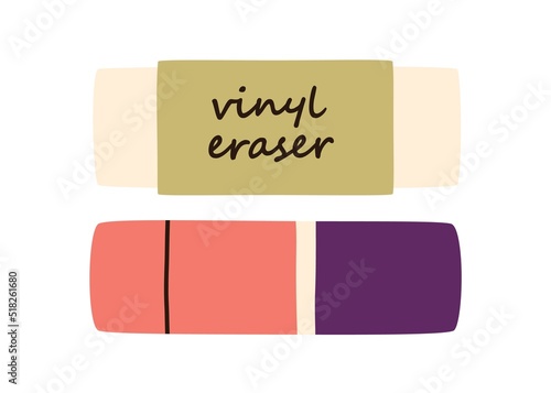 Blue and red double eraser and vinyl rubber for erasing ink, pencil marks. School gums. Gummy tools, accessories. Flat vector illustration isolated on white background