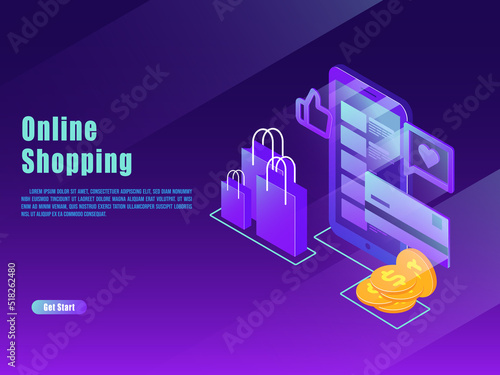 Isometric shopping online and payment online concepts. Internet payments, protection money transfer, online bank vector illustration