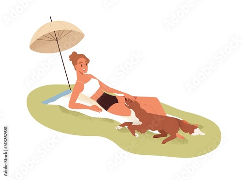 Young woman sunbathing in nature, relaxing together with dog. Happy girl, pet owner in bikini lying on blanket under umbrella with doggy friend outdoors on summer holidays. Flat vector illustration