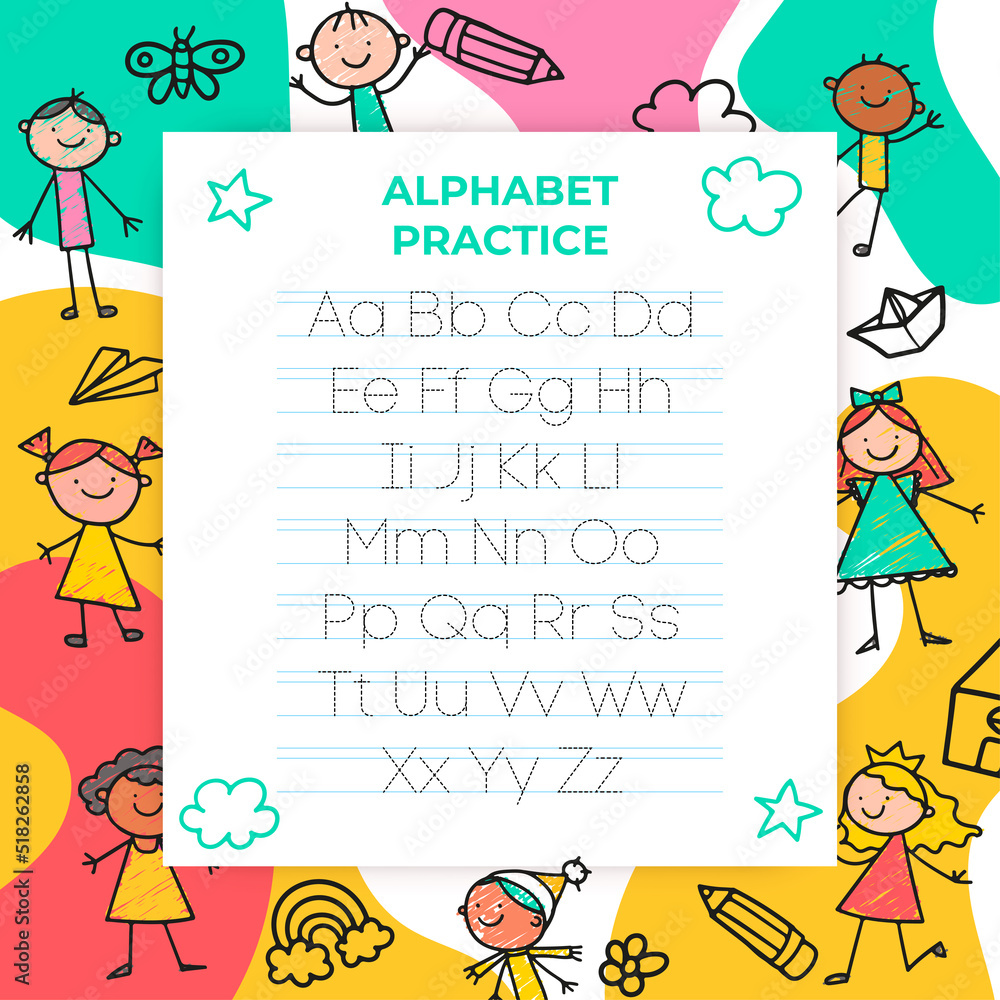 Naklejka premium Alphabet letters tracing sheet with all letters of the alphabet. Kids worksheet with alphabet letters. Basic writing practice for kindergarten children vector illustration learning