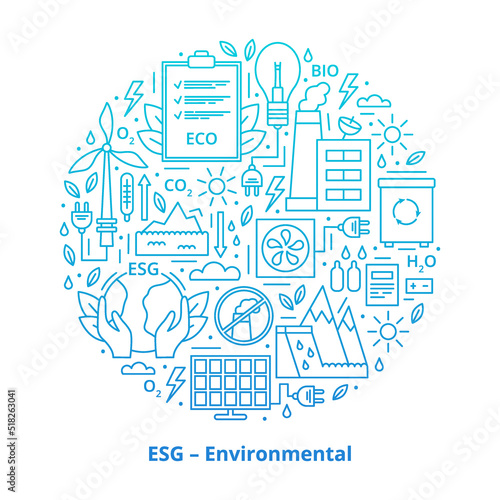 Set of ESG, ECO, BIO icons. ESG environmental criteria, icons placed in the form of a circle, gradient. Vector illustration isolated on white background.