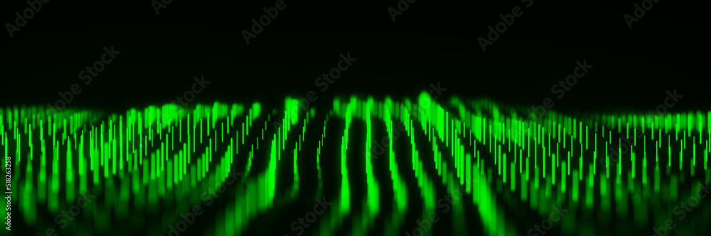 Fototapeta premium Abstract dynamic wave flow of vertical green glow lines on a dark background. Digital wave background concept. Big data visualization. 3D rendering.