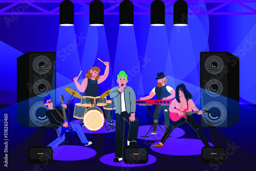Rock band perform on the stage has singer guitar bass drums synthesizer monitor speaker