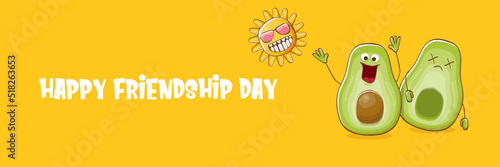 Happy friendship day cartoon comic horizontal banner with two funky avocado friends and cartoon sun isolated on orange background. Friendship day funky greeting card or party flyer. BFF concept