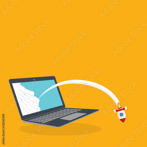 Fail app launch. Fail startup vector concept, flat cartoon rocket or rocket ship launch, idea of unsuccessful business project start up, boost technology, innovation.