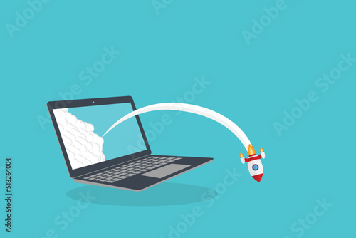 Fail app launch. Fail startup vector concept, flat cartoon rocket or rocket ship launch, idea of unsuccessful business project start up, boost technology, innovation.
