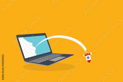 Fail app launch. Fail startup vector concept, flat cartoon rocket or rocket ship launch, idea of unsuccessful business project start up, boost technology, innovation.