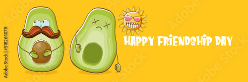 Happy friendship day cartoon comic horizontal banner with two funky avocado friends and cartoon sun isolated on orange background. Friendship day funky greeting card or party flyer. BFF concept