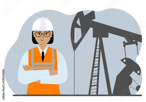 Oil refinery engineer. A female worker in front of a pumping unit for oil extraction, oil drilling and well repair.