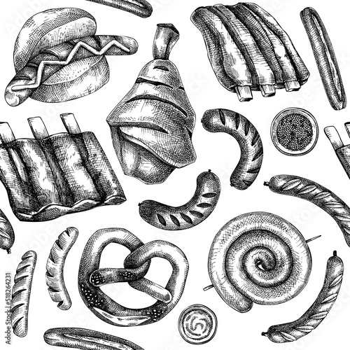 Oktoberfest background with grilled sausage, ribs and pork knuckles. Hand-drawn fast food illustration. Barbeque party sketched design. German food seamless pattern. Fast food festival backdrop