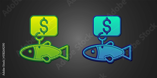 Green and blue Price tag for fish icon isolated on black background. Vector