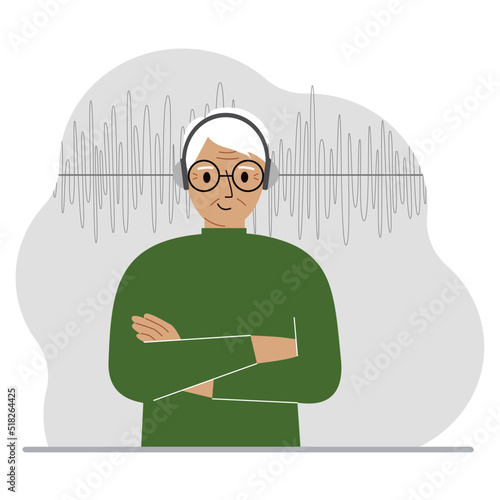 Old man in headphones and a sound track. Concept of online podcast, radio, online books, online learning and music.