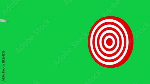 Darts hit in the center of dartboard. Business success symbol with arrows hitting the bullseye target. Perfect loop on green screen and white screen. Seamless Looping Animation.