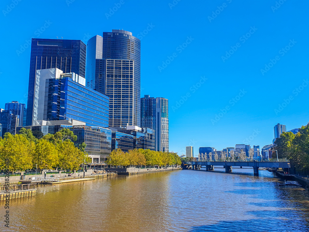 Beautiful Melbourne city, Victoria Australia,Yarra river boat and building with blue sky, holiday and vacation for tourism, copy space.
