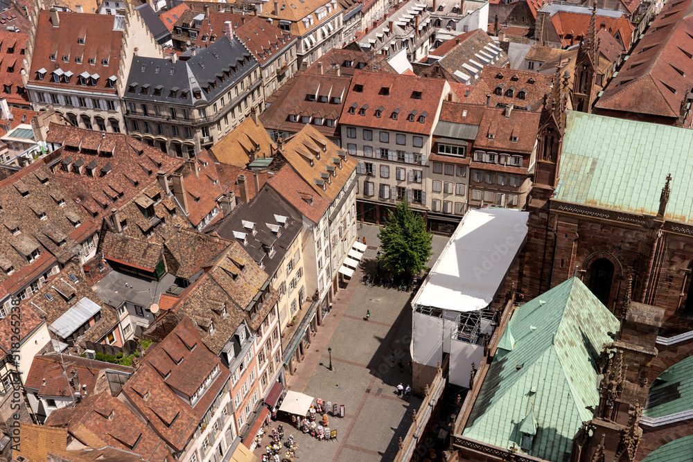 Beautiful view to old town of Strasbourg. Alsace. France. Old medieval buildings with red roofs