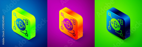 Isometric Blockchain technology Bitcoin icon isolated on blue, purple and green background. Abstract geometric block chain network technology business. Square button. Vector