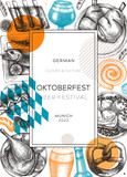 Oktoberfest background. Beer festival wreath in collage style. German food and drinks menu design. Vector meat dishes sketches. German cuisine vintage frame. Oktoberfest party card or invitation