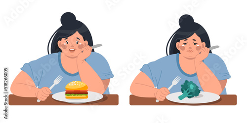 A happy overweight woman eats a hamburger and a sad obese woman on a diet eats broccoli