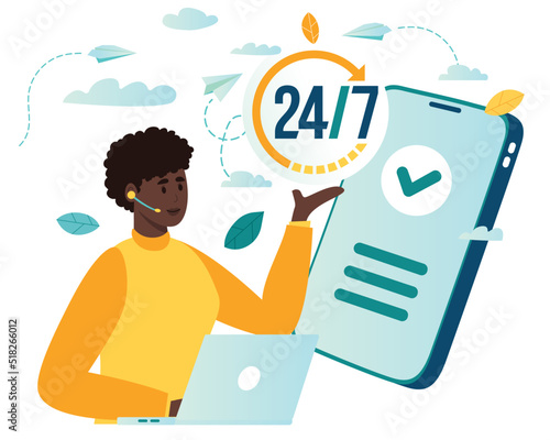 24 7 Customer service, hotline operators consult customers with headsets on computers, 247 global online technical support, Call center, call processing system, Vector illustration 