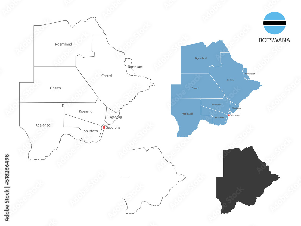 Obraz premium 4 style of Botswana map vector illustration have all province and mark the capital city of Botswana. By thin black outline simplicity style and dark shadow style.