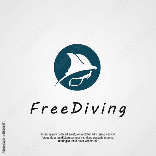 Freediving club logo design idea, diving with manta ray illustration