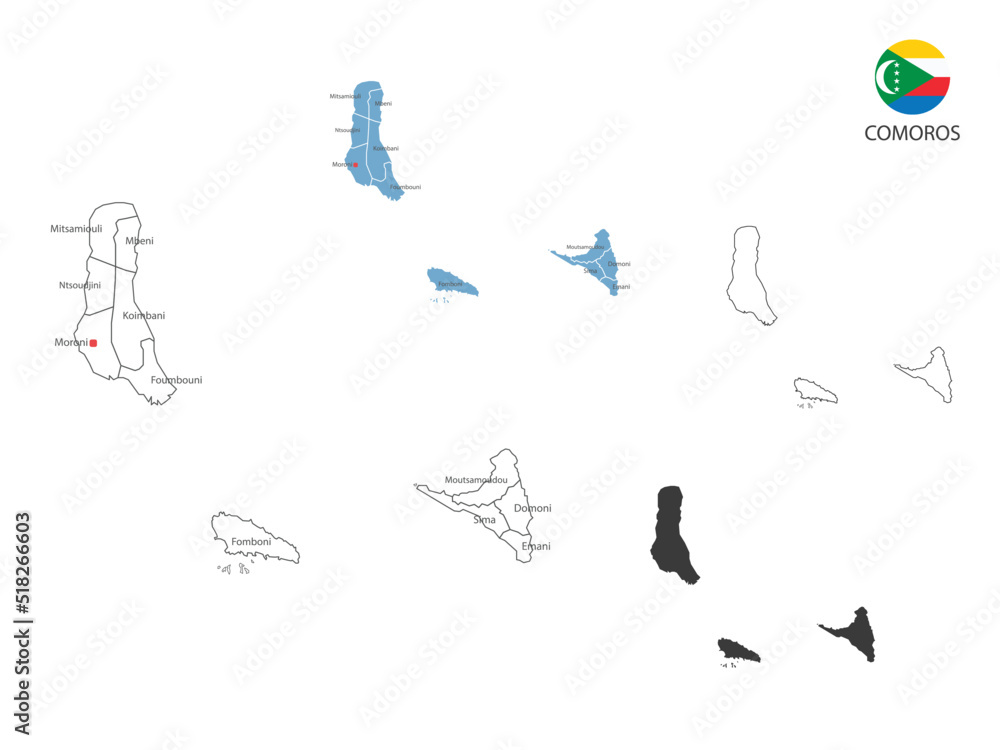 4 style of Comoros map vector illustration have all province and mark the capital city of Comoros. By thin black outline simplicity style and dark shadow style. 4 style of Comoros map vector illustration have all province and mark the capital city of Comoros. By thin black outline simplicity style and dark shadow style.