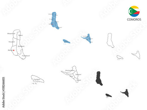 4 style of Comoros map vector illustration have all province and mark the capital city of Comoros. By thin black outline simplicity style and dark shadow style.