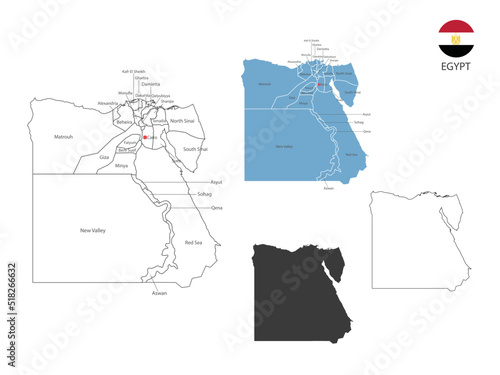 4 style of Egypt map vector illustration have all province and mark the capital city of Egypt. By thin black outline simplicity style and dark shadow style.