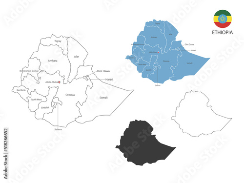 4 style of Ethiopia map vector illustration have all province and mark the capital city of Ethiopia. By thin black outline simplicity style and dark shadow style.