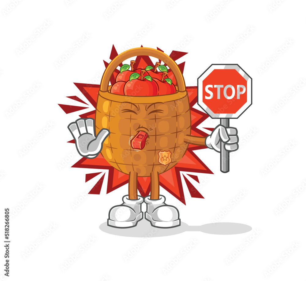 apple basket holding stop sign. cartoon mascot vector