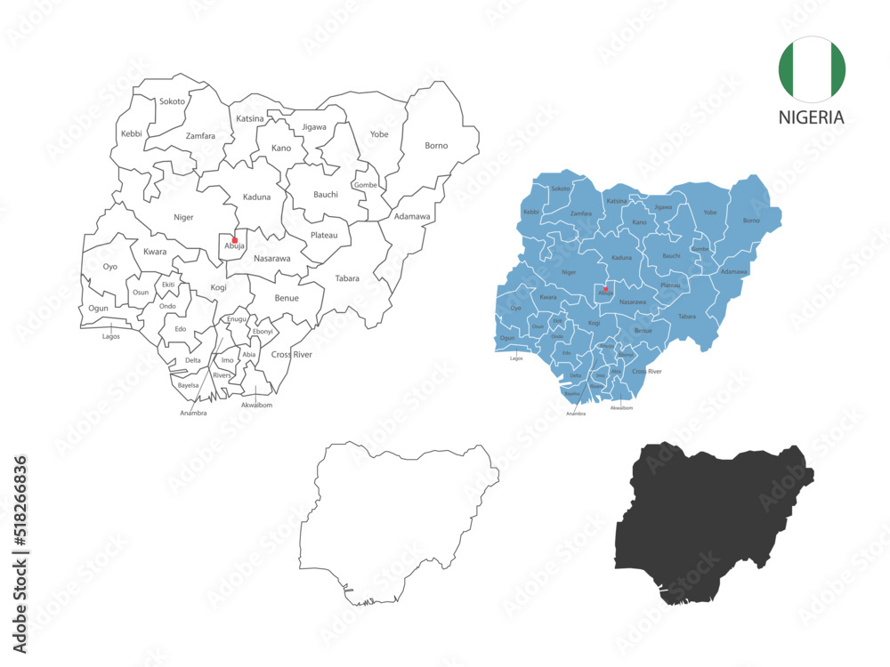4 style of Nigeria map vector illustration have all province and mark the capital city of Nigeria. By thin black outline simplicity style and dark shadow style.