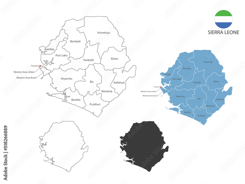 4 style of Sierra Leone map vector illustration have all province and mark the capital city of Sierra Leone. By thin black outline simplicity style and dark shadow style. 4 style of Sierra Leone map vector illustration have all province and mark the capital city of Sierra Leone. By thin black outline simplicity style and dark shadow style.