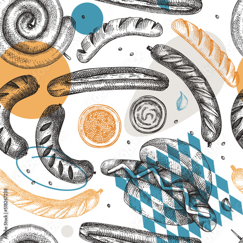 Oktoberfest background in collage style. Grilled sausage backdrop. Hand-drawn fast food illustration. Barbeque party sketched design. German food trendy seamless pattern.