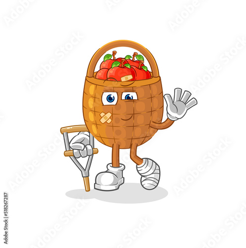 apple basket sick with limping stick. cartoon mascot vector