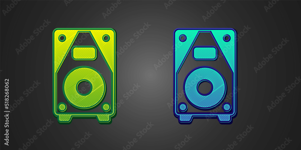 Green and blue Stereo speaker icon isolated on black background. Sound system speakers. Music icon. Musical column speaker bass equipment. Vector