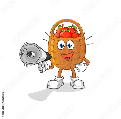 apple basket holding hand loudspeakers vector. cartoon character