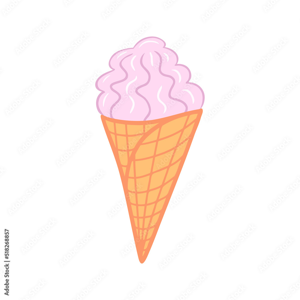 Beautiful ice cream in waffle cone. Vector Illustration for printing, backgrounds, covers, packaging, greeting cards, posters, stickers, textile and seasonal design. Isolated on white background. Beautiful ice cream in waffle cone. Vector Illustration for printing, backgrounds, covers, packaging, greeting cards, posters, stickers, textile and seasonal design. Isolated on white background.