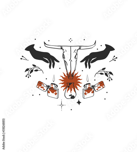 Hand drawn abstract vector graphic clipart illustration boho cow skull composition.Wild Western design concept.Bohemian wild west contemporary art.Cowboy modern line art drawing.American cowboy logo.