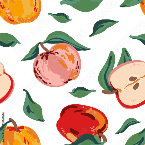 Fototapeta Naklejka Na Ścianę i Meble -  Apples and leaves vector seamless pattern. Red, yellow, pink juicy fruits summer texture for paper, cover, fabric, gift wrap, wall art, interior decoration.
