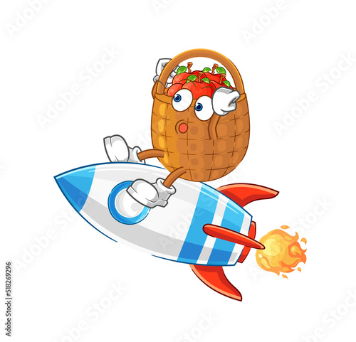 apple basket ride a rocket cartoon mascot vector